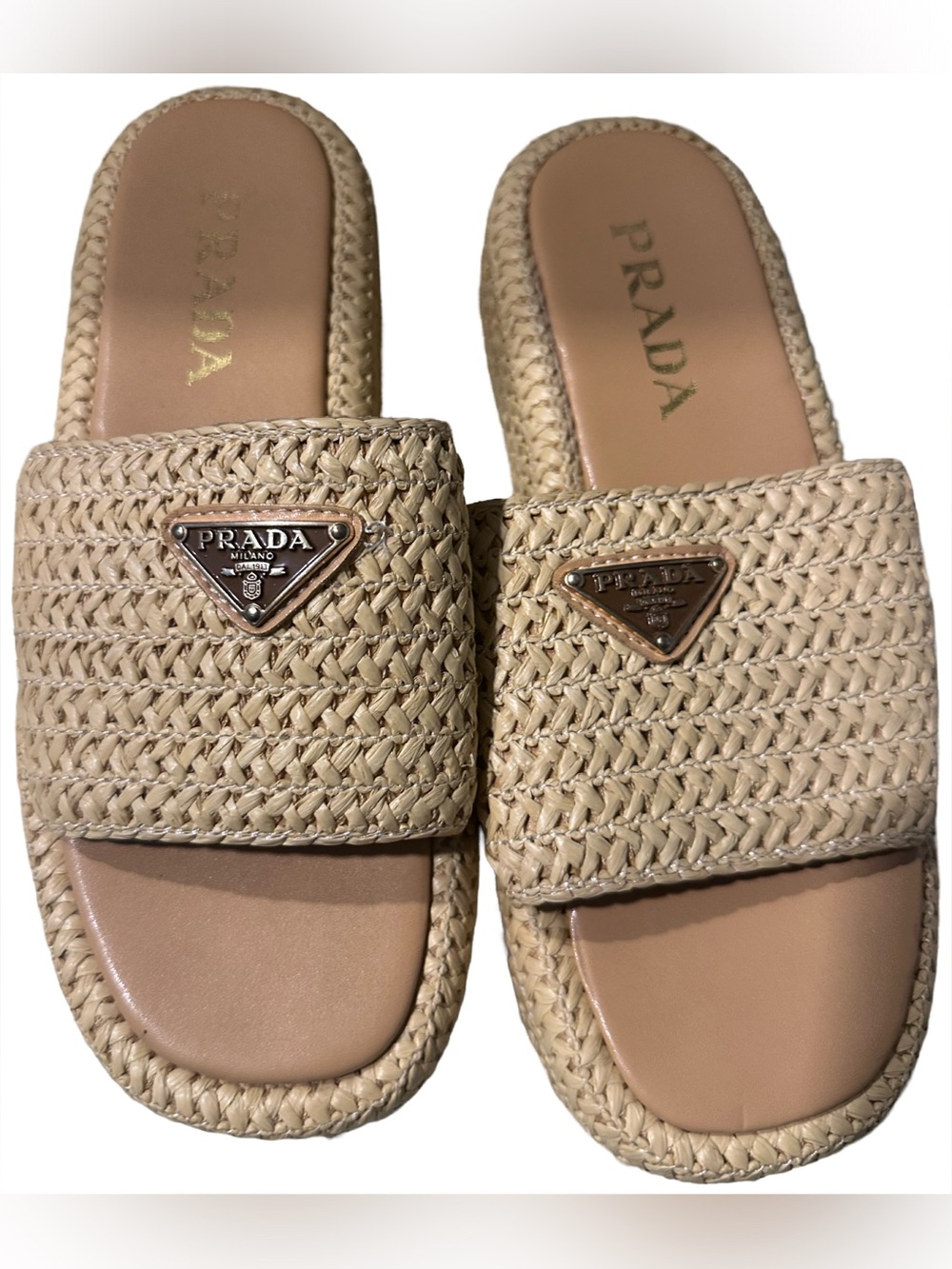 Prada Natural Beige Woven Slide Mules with Gold Triangle Logo